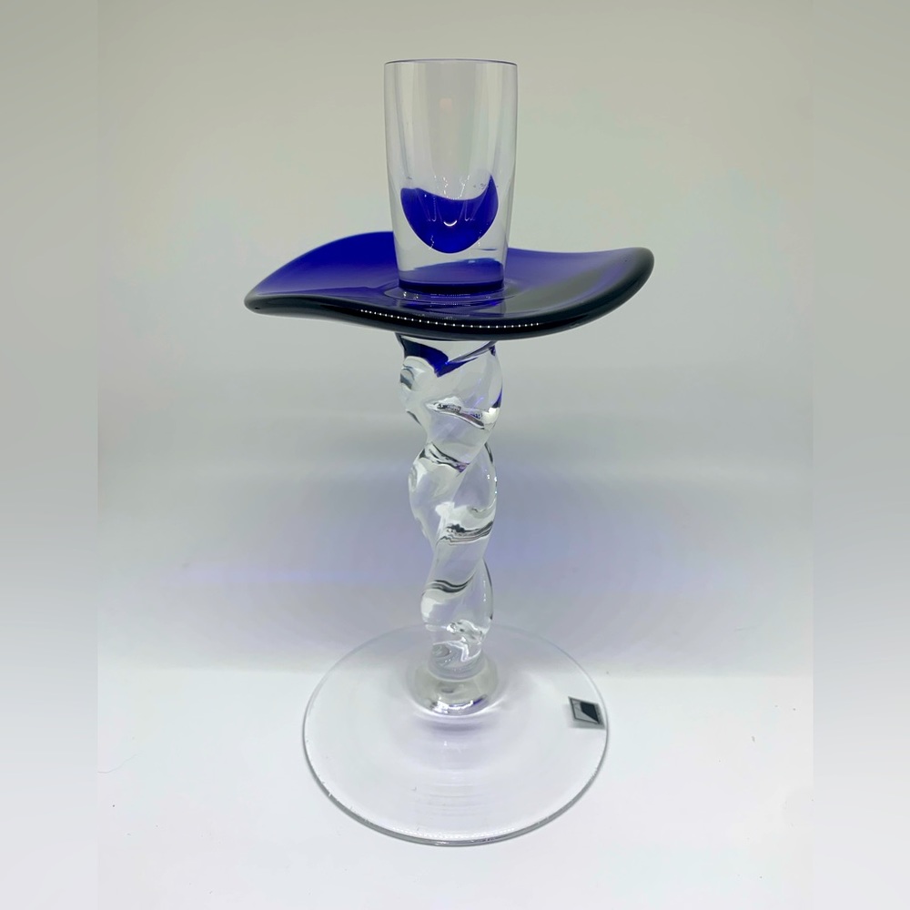 Rare find!  Atelier MORAVA CZECH cobalt blue twisted stem glass candlestick!